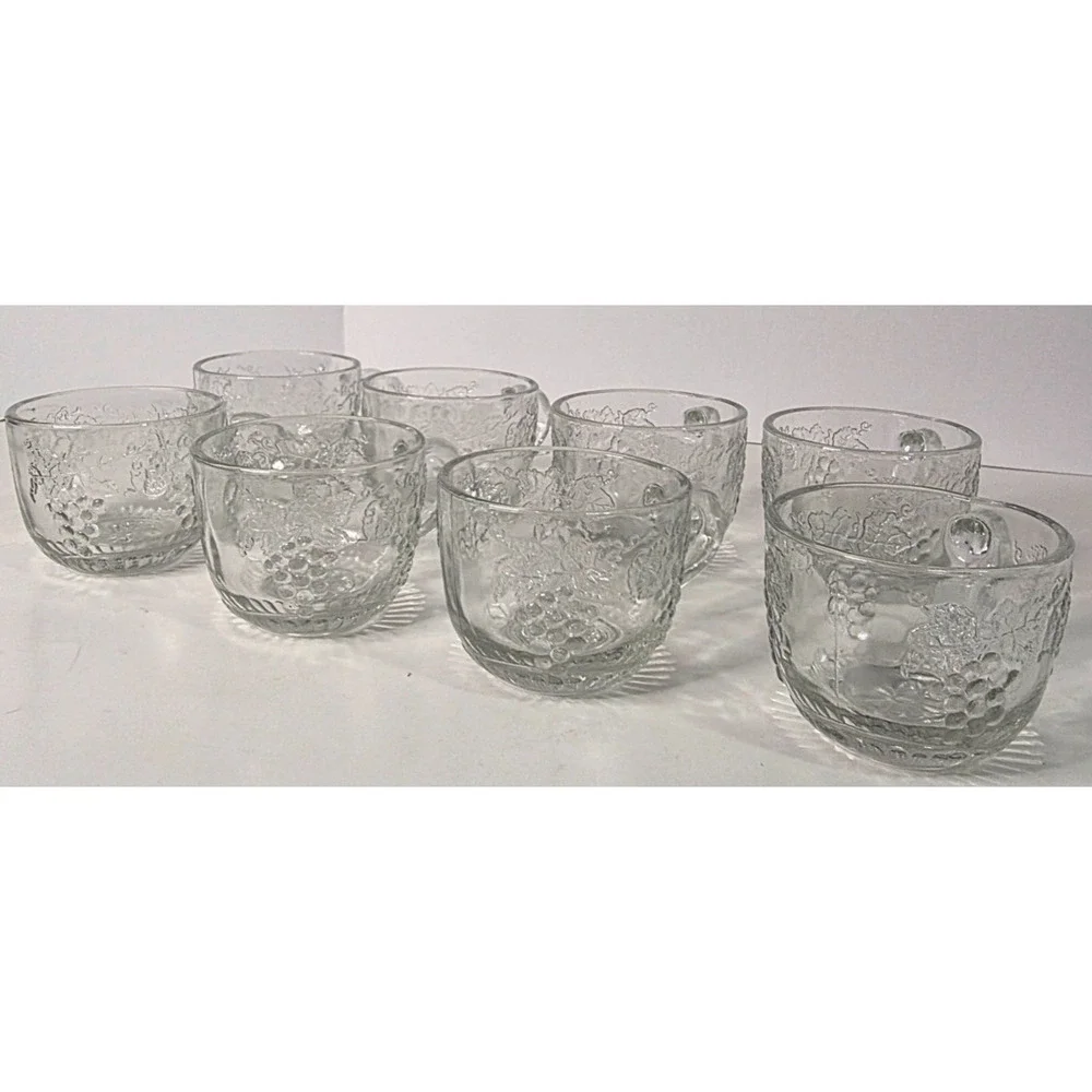 Vintage Anchor Hocking Grape Leaf Clear Glass Punch Cups Set of 8 USA